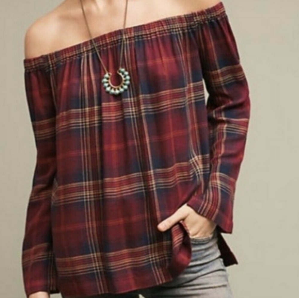 Anthropologie Cloth & Stone Plaid Off Shoulder Blouse Size Small Boho